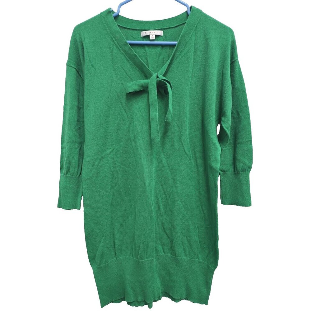CAbi Womens Lucky Green Sweater Small Kelly Green Bow Tie 3/4 Sleeve Preppy #882